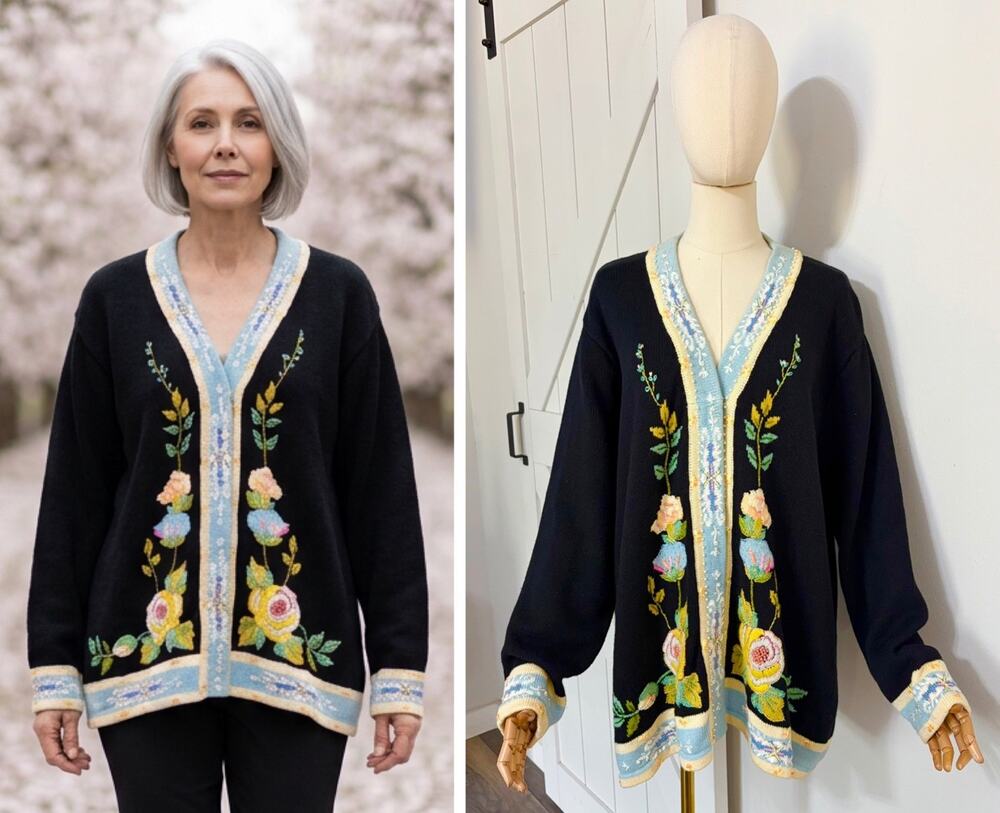 Vtg Storybook Knits Size 2X Soft Roses Ramie Cotton Cardigan Cottagecore Beaded